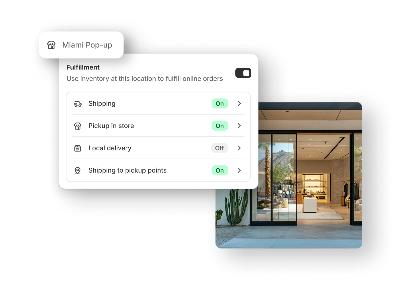 An admin screen that shows the fulfillment options for the Miami Pop-up store. Shipping, Pickup in store, and Shipping to pickup points are enabled, but Local delivery is not enabled.